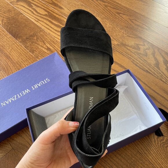 NIB Stuart Weitzman Black Suede Corbata Wrap Fringe Ankle Tie Sandals Flats - Picture 3 of 5